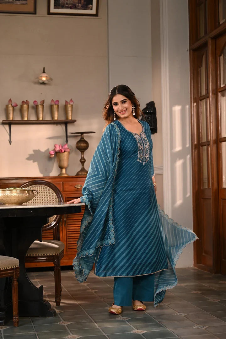 Teal Blue Printed Kurta Set