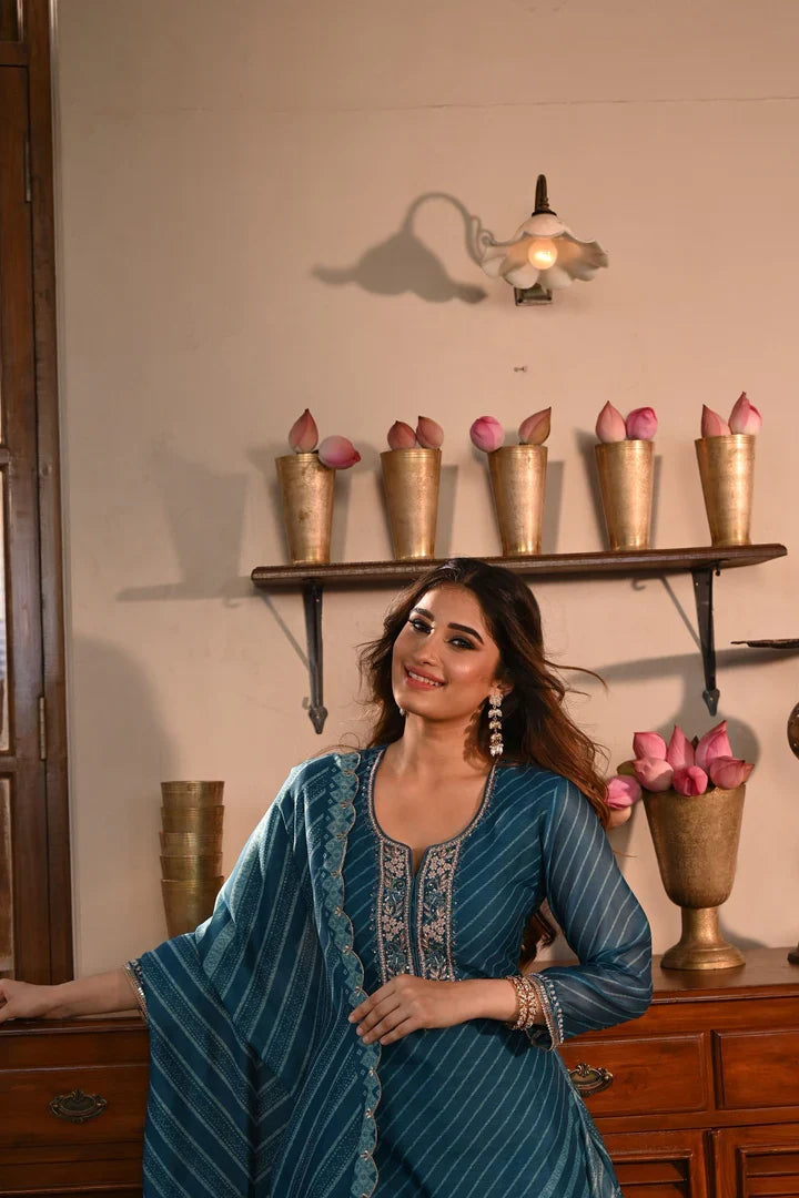 Teal Blue Printed Kurta Set
