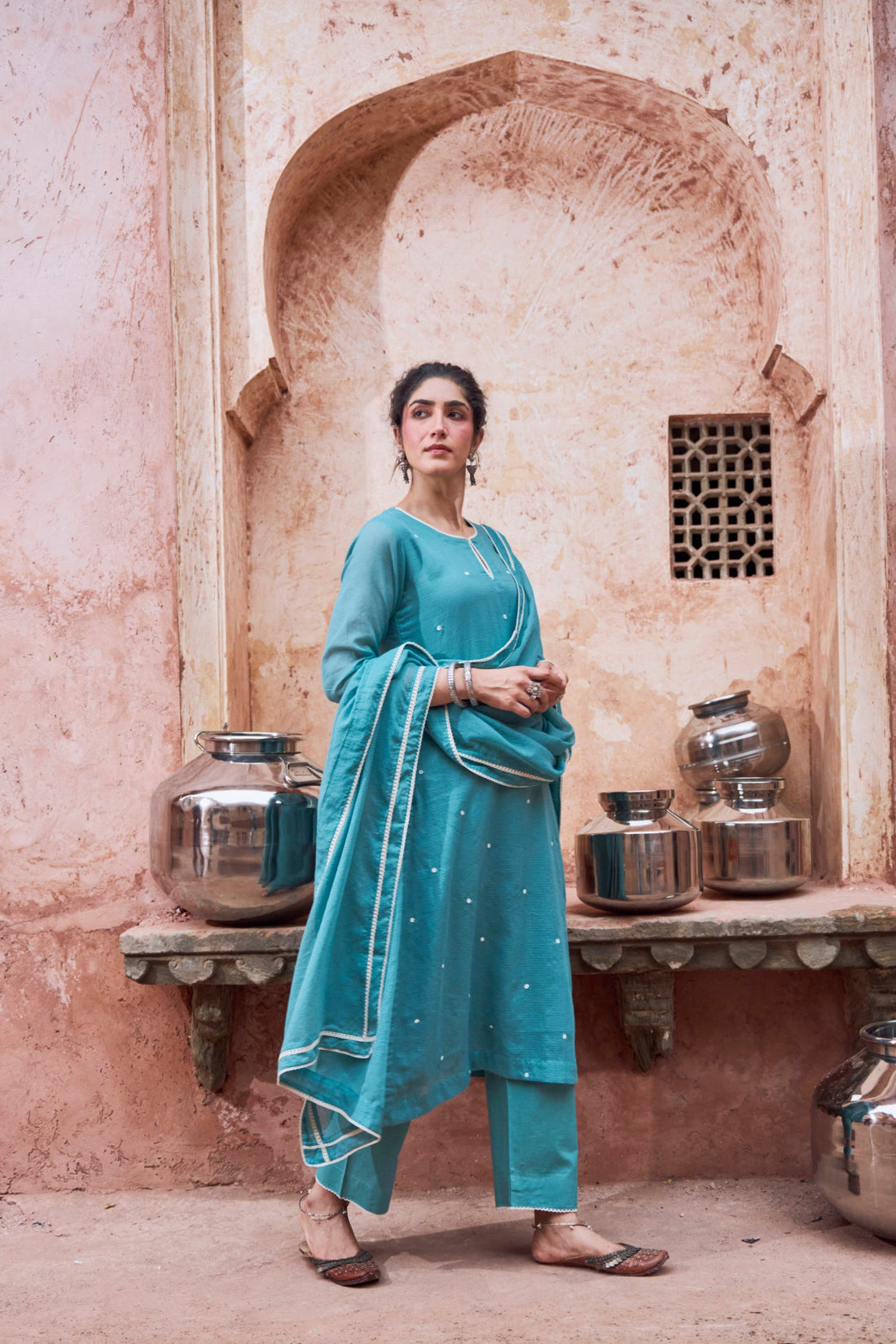 TEAL BLUE BEADWORK KOTA DORIA SUIT SET