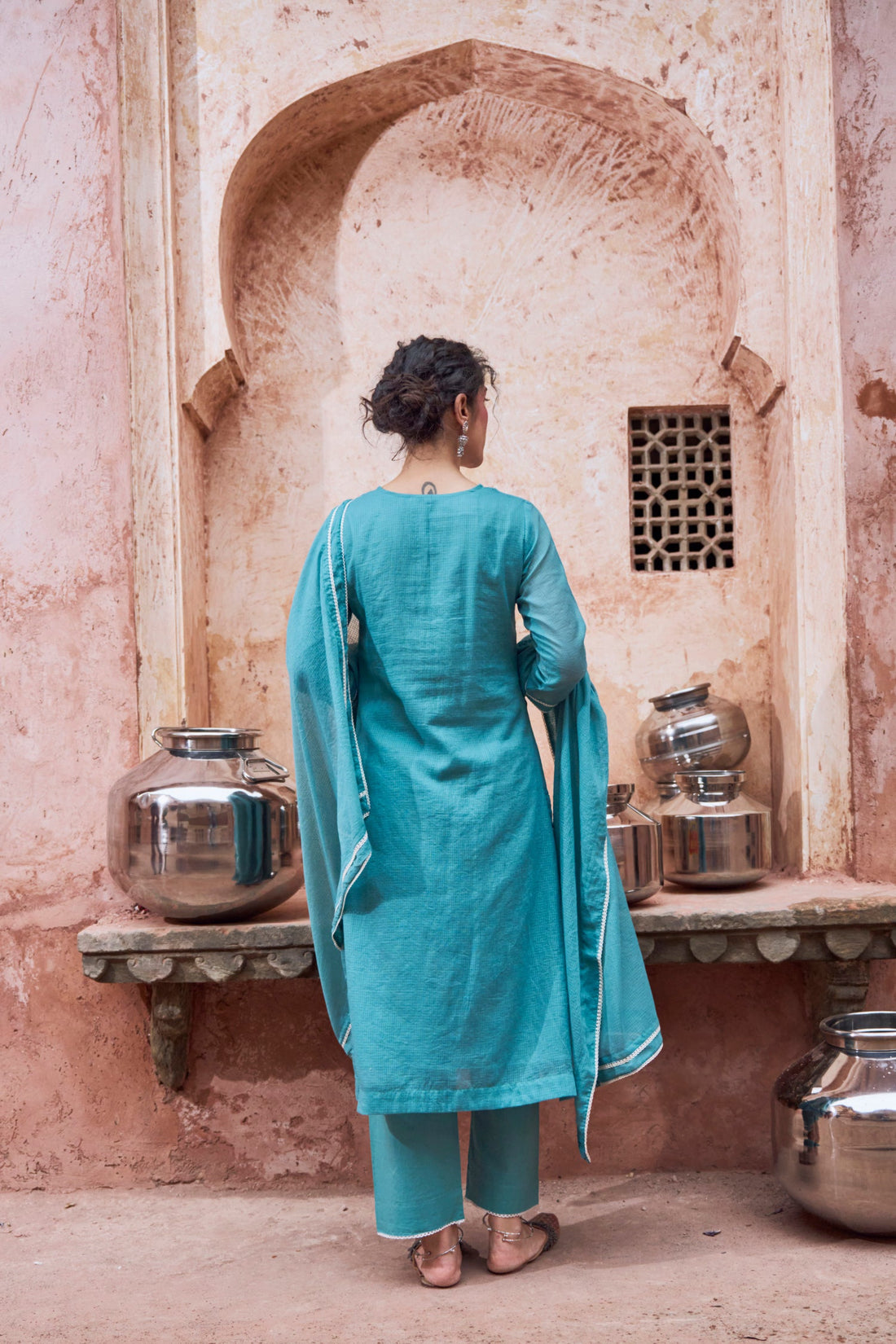 TEAL BLUE BEADWORK KOTA DORIA SUIT SET