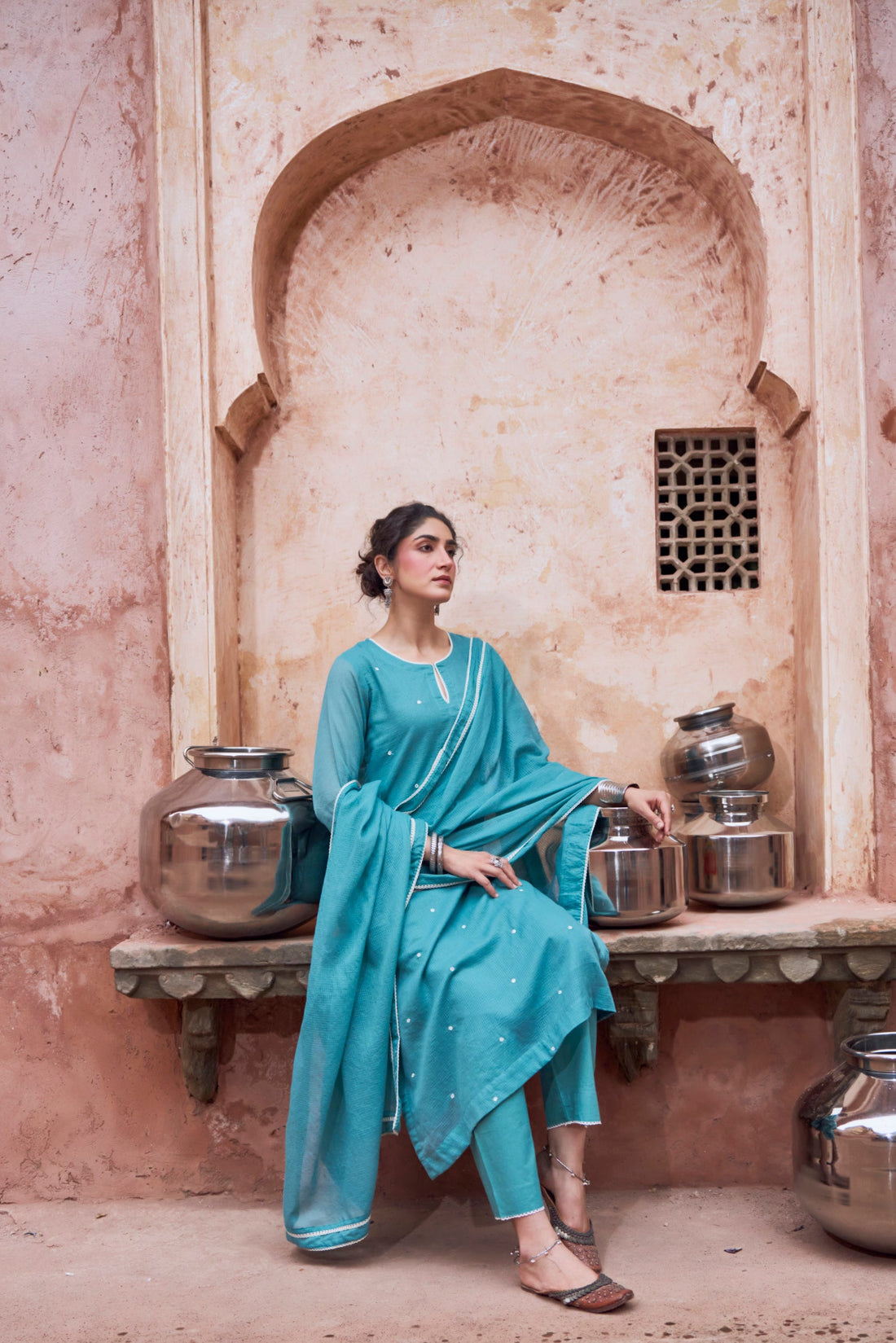 TEAL BLUE BEADWORK KOTA DORIA SUIT SET