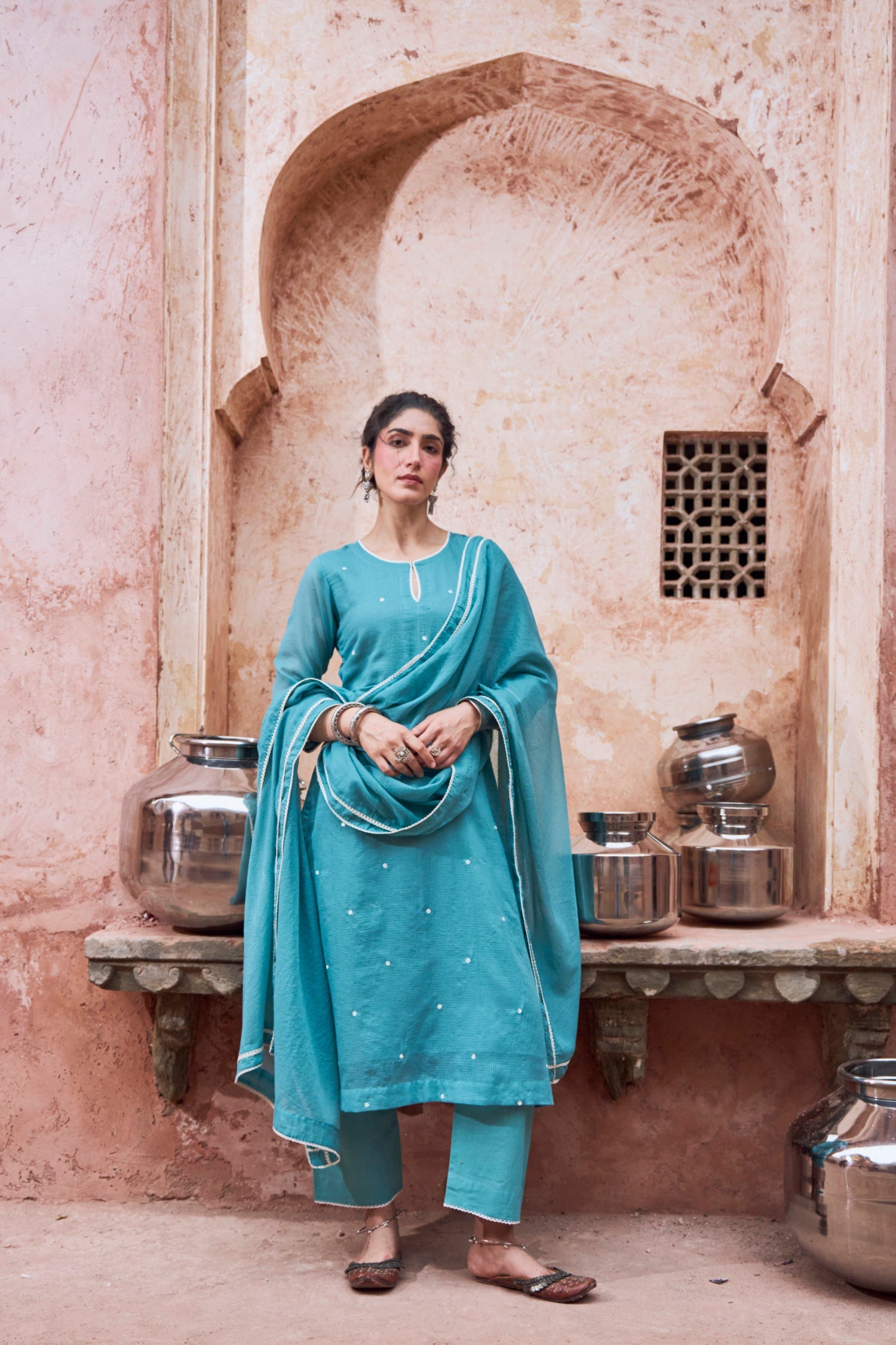 TEAL BLUE BEADWORK KOTA DORIA SUIT SET