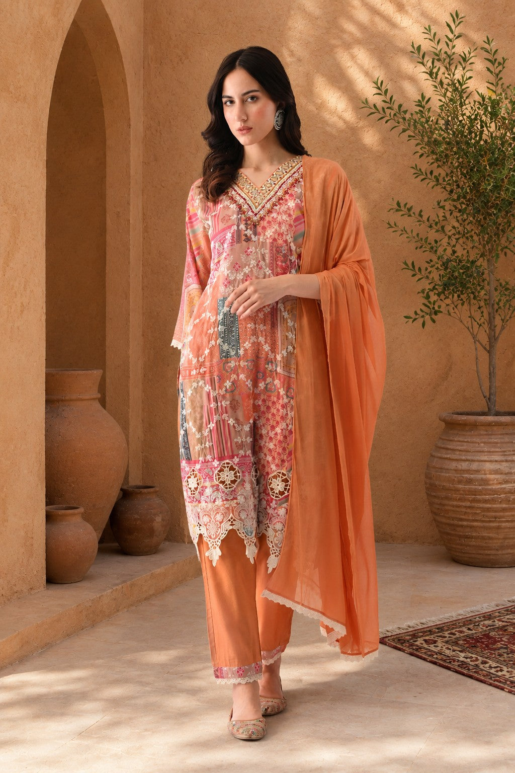 Multi Embroidered Straight Kurta 3 Pcs Set