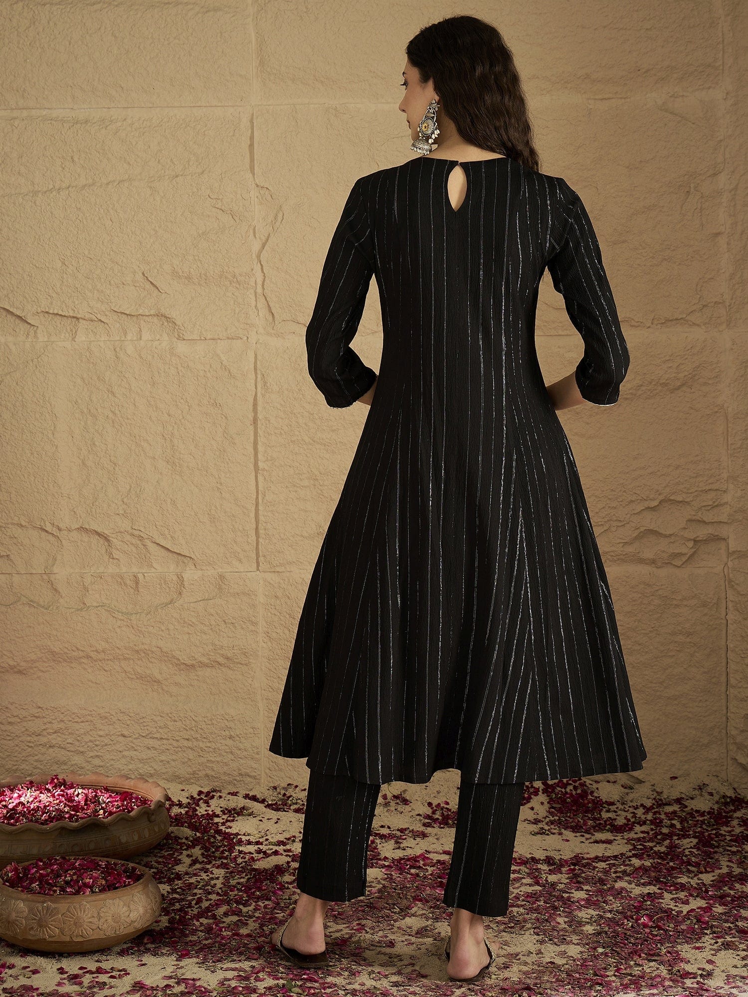 zeyvelle Women Black Lurex Crepe Anarkali Kurta With Trousers.