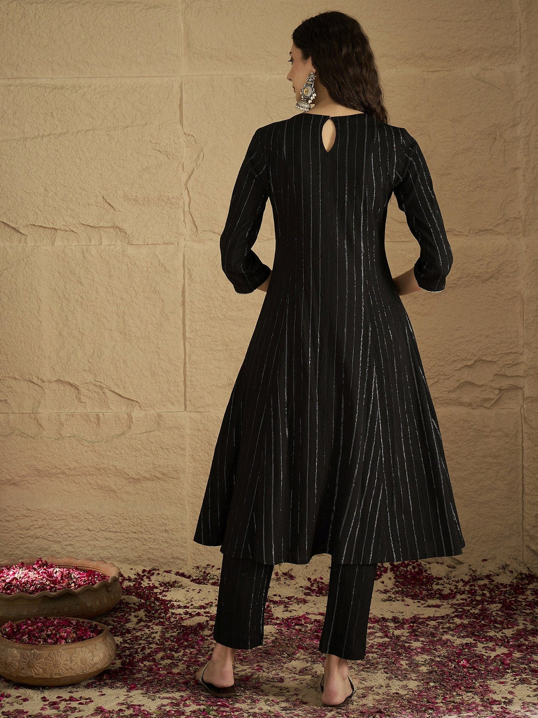 zeyvelle Women Black Lurex Crepe Anarkali Kurta With Trousers.