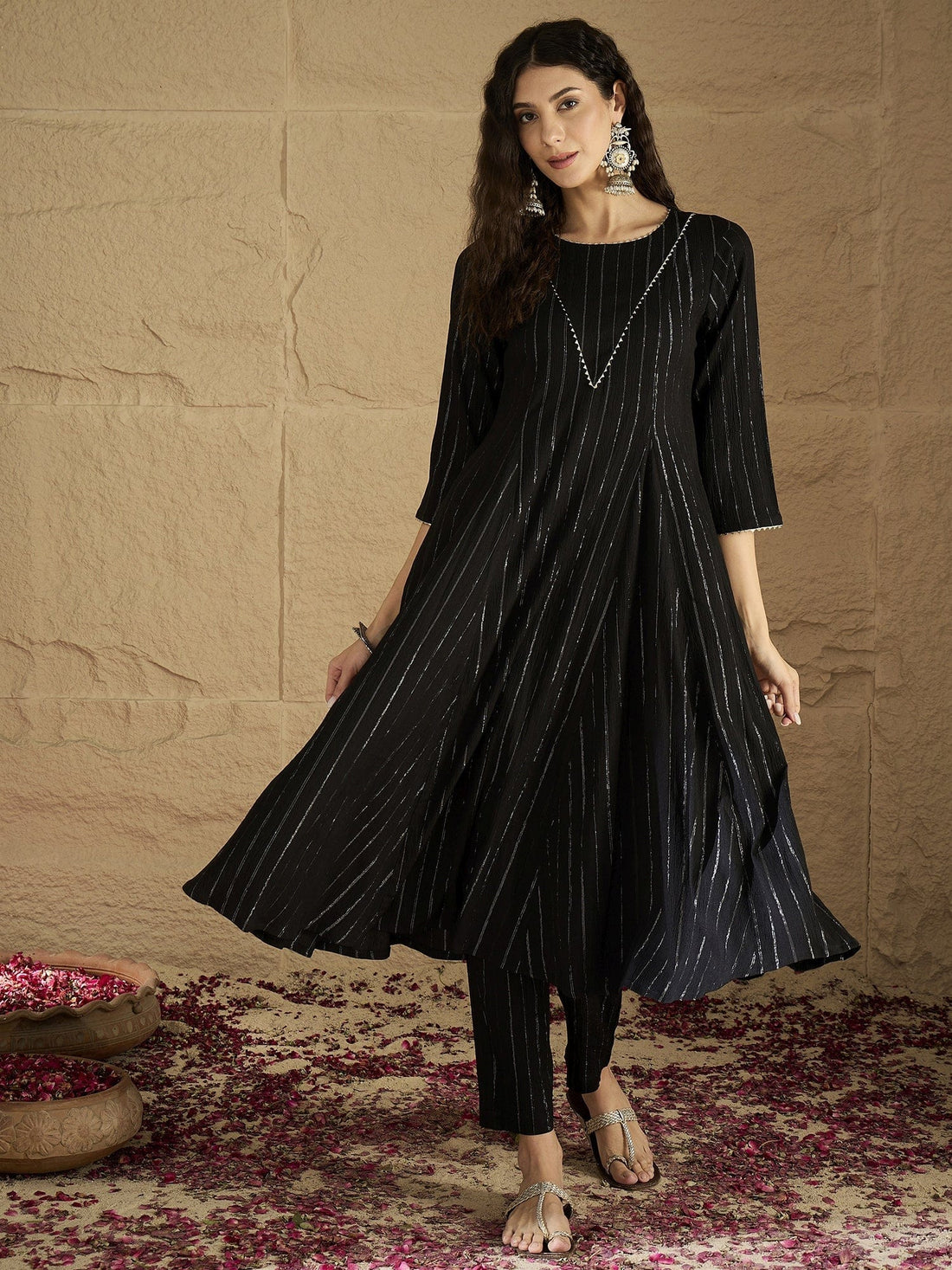 zeyvelle Women Black Lurex Crepe Anarkali Kurta With Trousers.