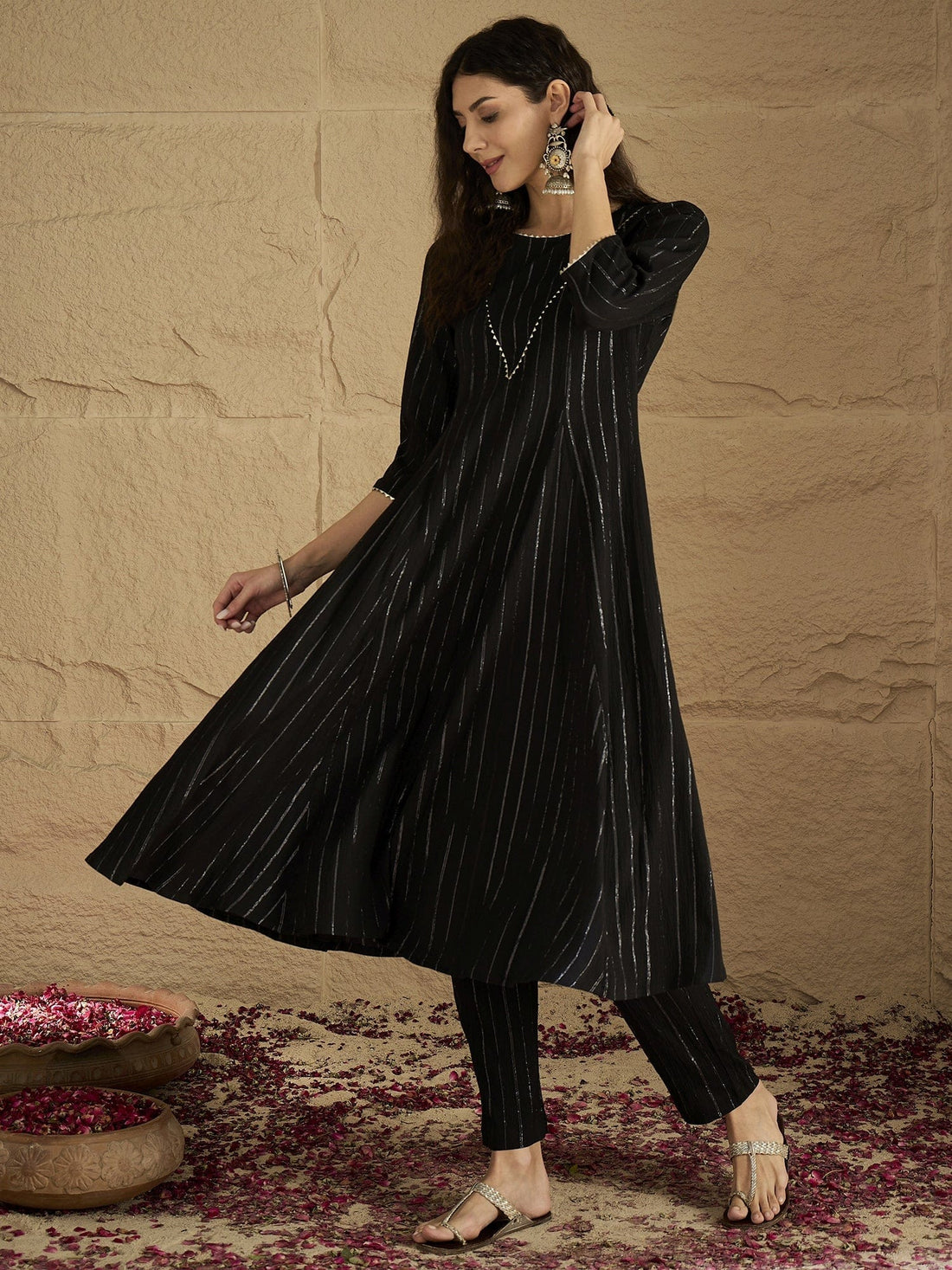 zeyvelle Women Black Lurex Crepe Anarkali Kurta With Trousers.
