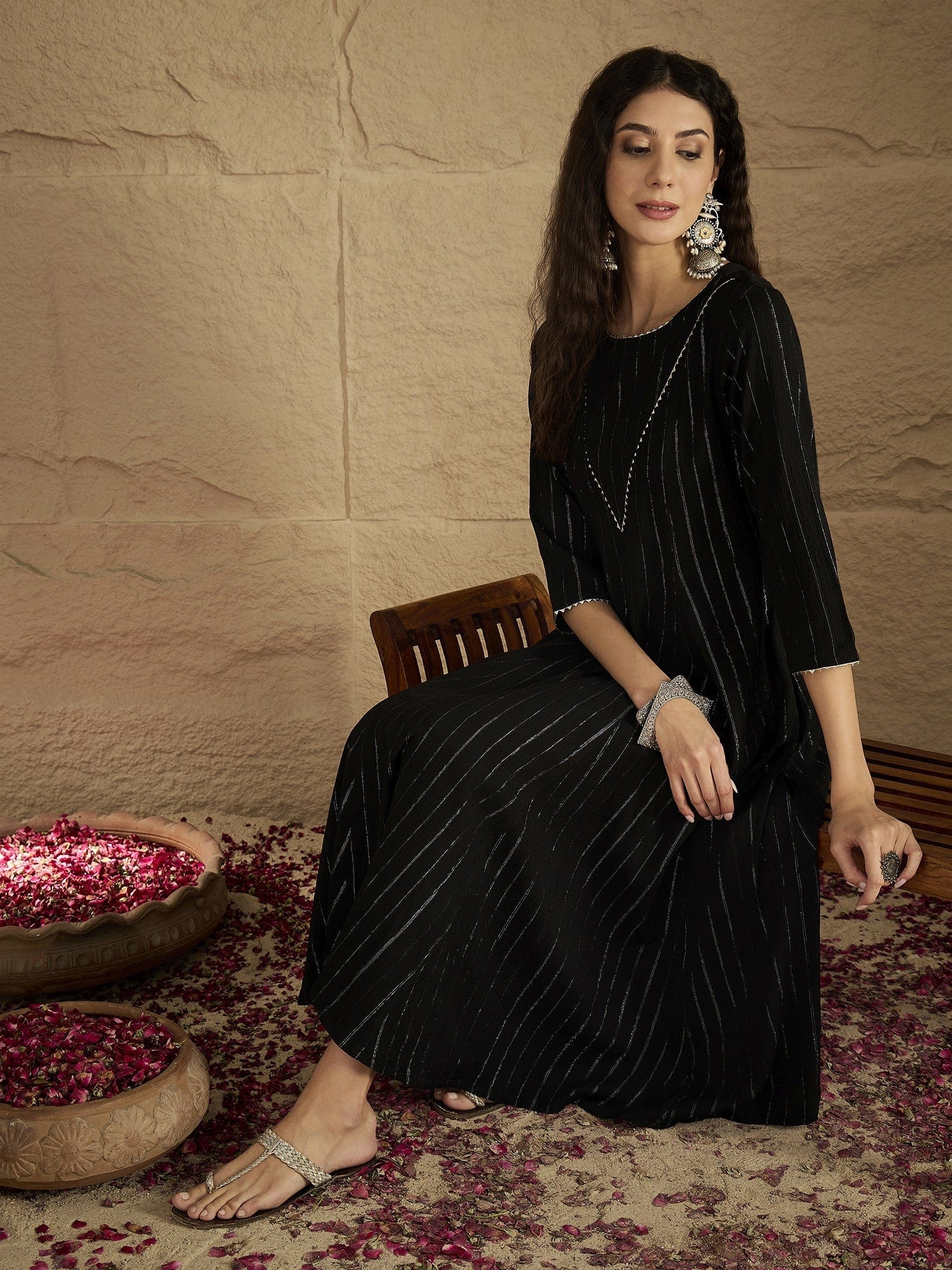 zeyvelle Women Black Lurex Crepe Anarkali Kurta With Trousers.