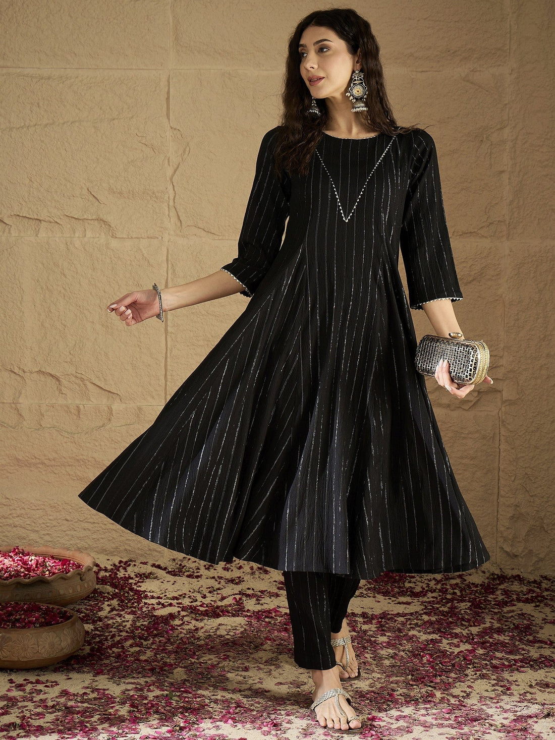 zeyvelle Women Black Lurex Crepe Anarkali Kurta With Trousers.